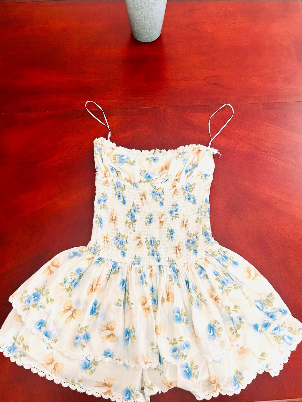 Floral Smocked Mini Dress with Blue and Cream Print